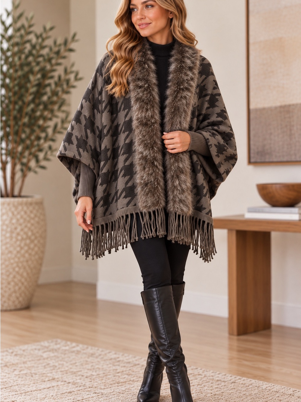 Faux Fur Trim Houndstooth Fringe Cape - gray Taupe & black